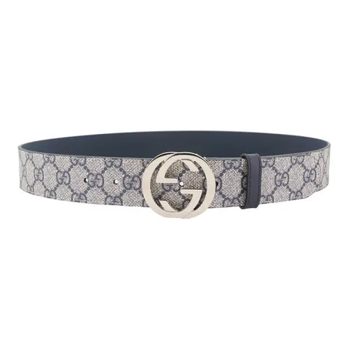 GUCCI Double G Interlocking Buckle Belt, Leather Upper Lining Leather Belts Unisex Beige Blue Width 3.5CM