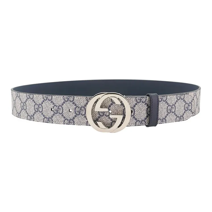 GUCCI Double G Interlocking Buckle Belt, Leather Upper Lining Leather Belts Unisex Beige Blue Width 3.5cm-0