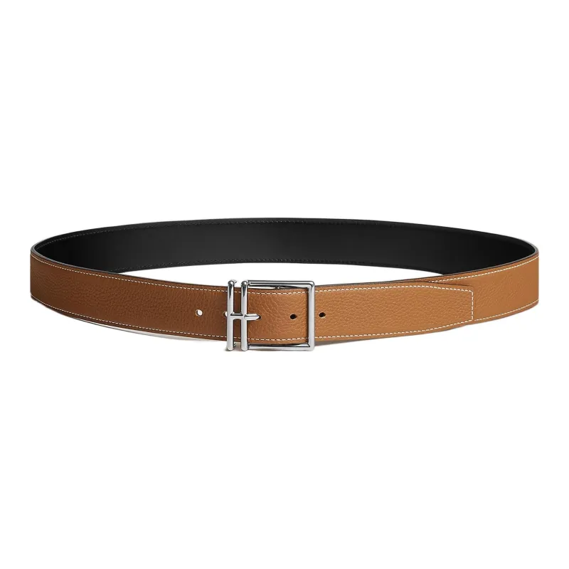 HERMES Nathan Calfskin Leather Belts Men's Black/Gold Width  3.2cm-1