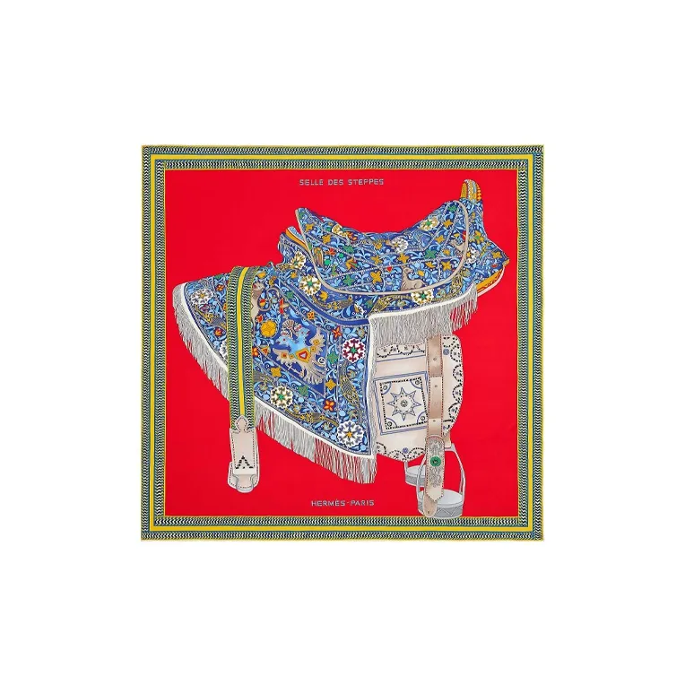 HERMES Silk Scarves Women's Red Blue/Gold-0