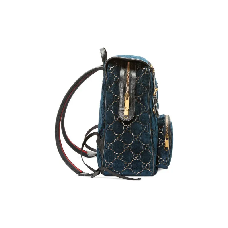 GUCCI Velvet With Leather Backpack Small Size Unisex Dark Blue-3