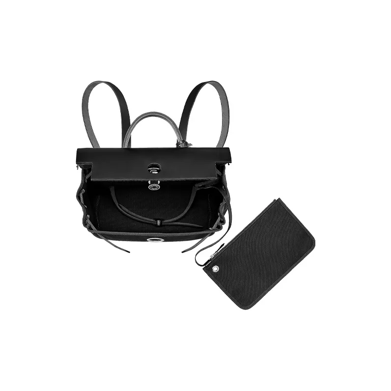 HERMES Herbag Zip Canvas With Hunter Cow Leather Handbag Backpack Unisex Black-3