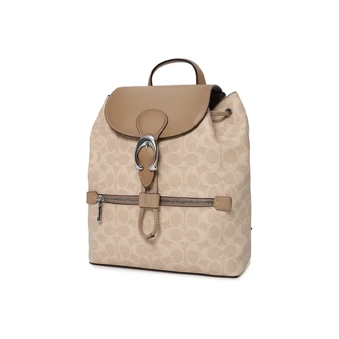 COACH Evie Canvas With Leather Backpack Medium Size Women's Light Khaki Monogram With Distressed Brown-1