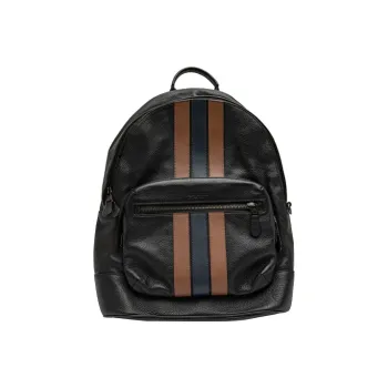 COACH West Pebbled Leather Backpack Medium Size Men's Black & Brown Blue Stripes