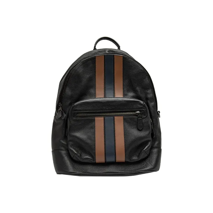 COACH West Pebbled Leather Backpack Medium Size Men's Black & Brown Blue Stripes-0
