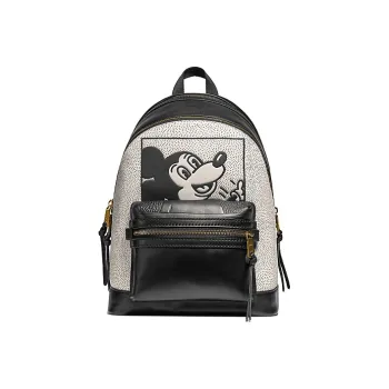 COACH Keith Haring Disney Mickey Collaboration Leather Backpack Large Size Women's Black White