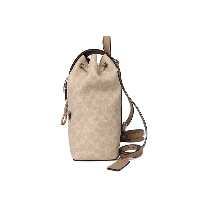 COACH Evie Canvas With Leather Backpack Medium Size Women's Light Khaki Monogram With Distressed Brown-2