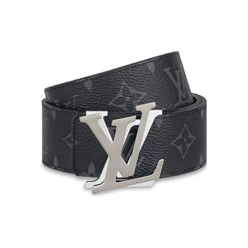 LOUIS VUITTON Double Sided Silver Logo Smooth Buckle Cow Leather Canvas Leather Belts Men's Black Width 4cm-2