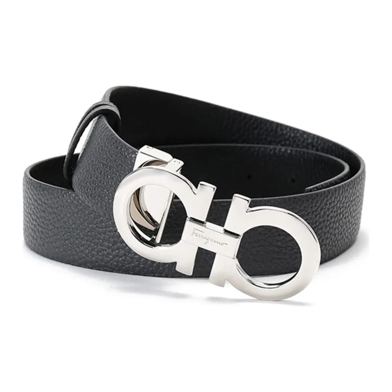 FERRAGAMO Cowhide Board Buckle Double-Sided Belt Leather Belts Women's Gray Blue Black Width: 3.2CM-3