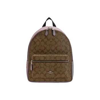 COACH Charlie Canvas With Leather Backpack Medium Size Women's Khaki With Antique Floral Pattern In Purple