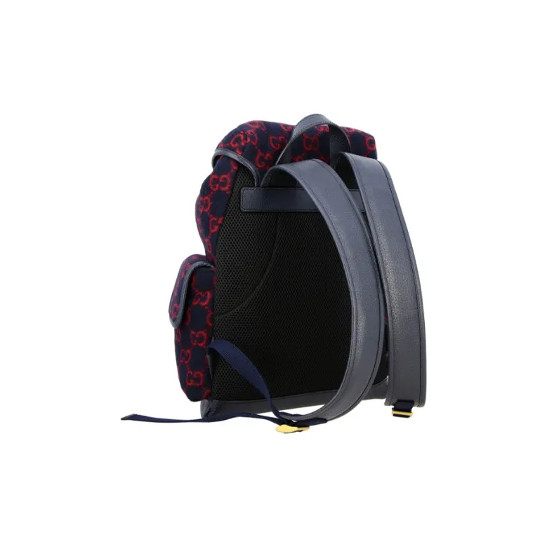 GUCCI Wool Patchwork Leather Backpack Unisex Dark Blue/Red-2