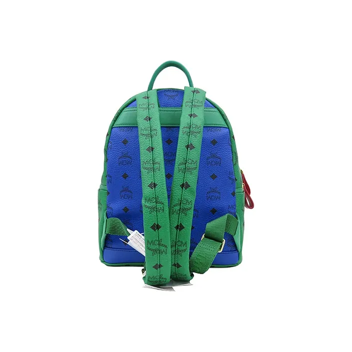 MCM Stark Visetos Leather Backpack Small Size Unisex Green & Blue-2