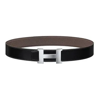 HERMES Constance Leather Belts Unisex Black/Tin Gray Width 3.8cm