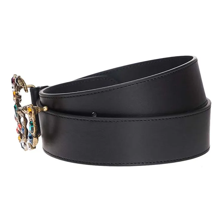 GUCCI Leather Belt With Crystal Double G Buckle-2