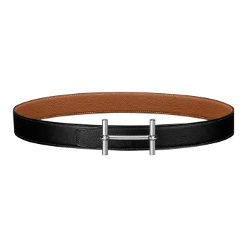 HERMES H D'Ancre Silver Buckle Togo Calfskin Double Sided Leather Belt Women's Black/Gold Width 3.2cm