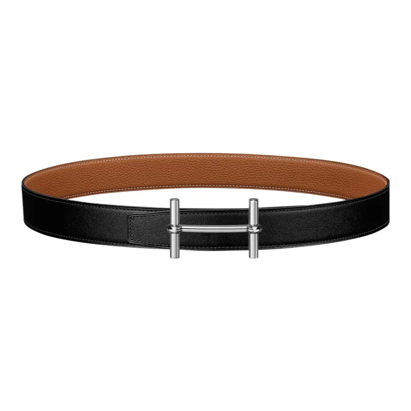 HERMES H D'Ancre H D'Ancre Silver Buckle Togo Calfskin Double Sided Leather Belt Women's Black/Gold Width 3.2cm-0