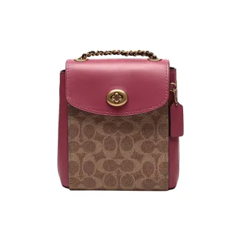 COACH Parker Calfskin With Coated Canvas Backpack Large Size Women's Khaki Gray Pink