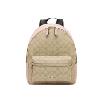 COACH Charlie Canvas With Leather Backpack Medium Size Women's Cherry Blossom Pink With Light Khaki Accents