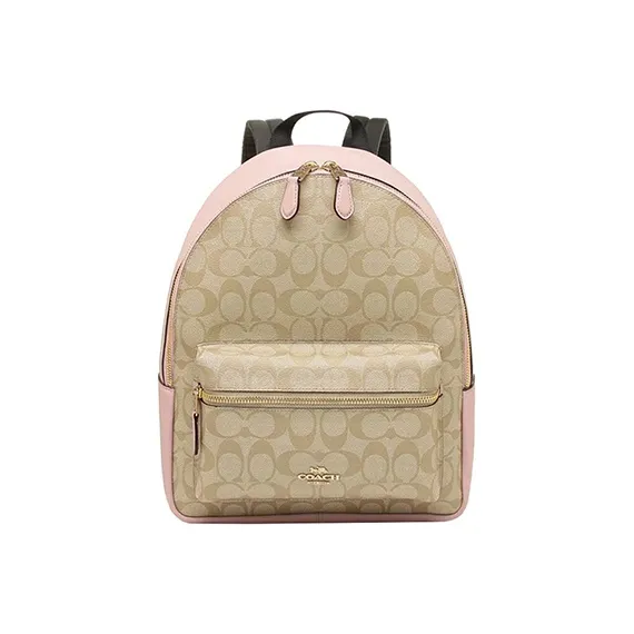 COACH Charlie Canvas With Leather Backpack Medium Size Women's Cherry Blossom Pink With Light Khaki Accents-0