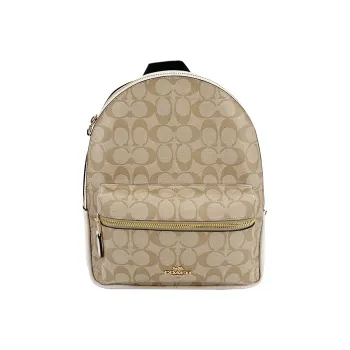 COACH Charlie PVC Backpack Medium Size Women's Light Khaki Monogram With White Accents