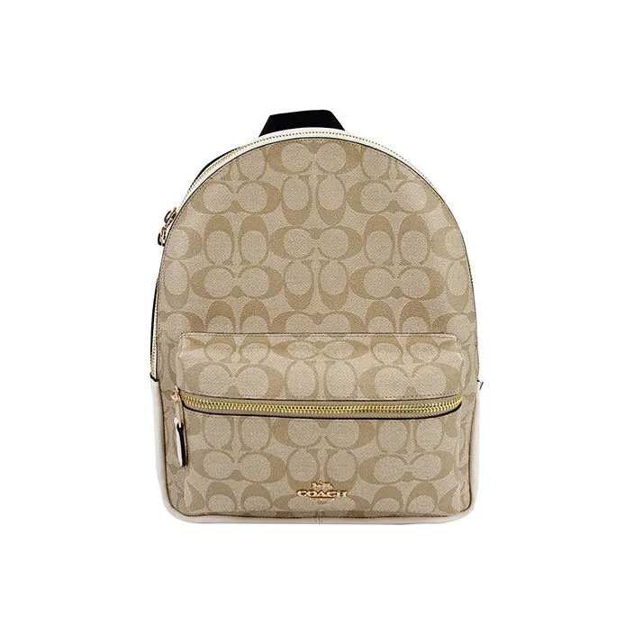 COACH Charlie PVC Backpack Medium Size Women's Light Khaki Monogram With White Accents-0