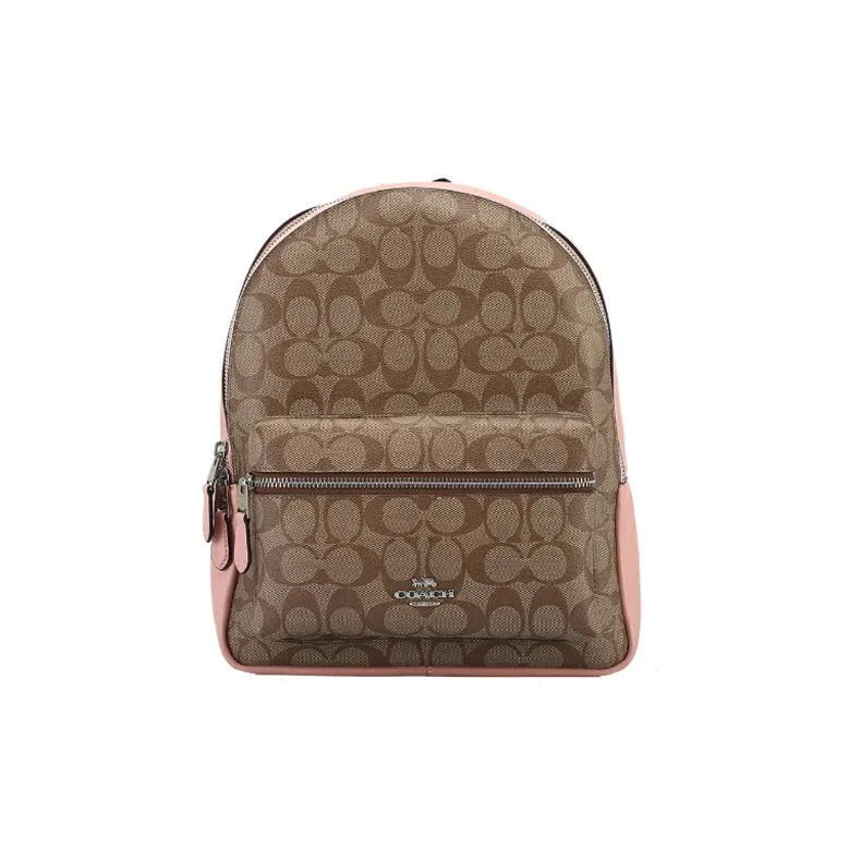 COACH Canvas With Artificial Leather Backpack Medium Size Women's Khaki & Pink-0