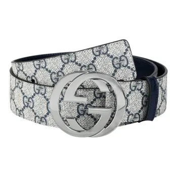 GUCCI Silver GG Buckle Belt Smooth Buckle Leather Belts Unisex Beige Blue Width: 4cm