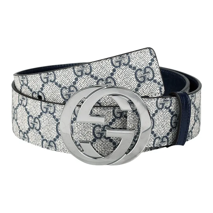 GUCCI Silver GG Buckle Belt Smooth Buckle Leather Belts Unisex Beige Blue Width: 4cm-0