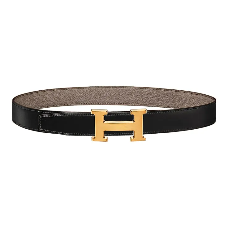 HERMES H Belt Buckle Togo Calfskin Double Sided Leather Belt Leather Belts Unisex Black/Tin Gray 3.2cm-0