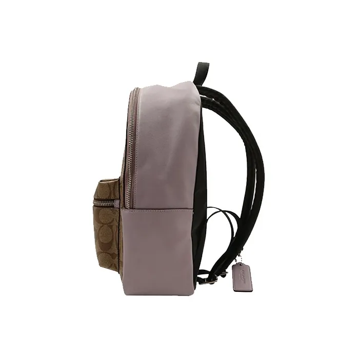 COACH Charlie Canvas With Leather Backpack Medium Size Women's Khaki With Antique Floral Pattern In Purple-2
