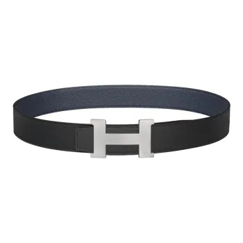 HERMES Constance Silver Buckle Togo Calfskin Double-Sided Leather Belt Unisex Black/Blue Width: 3.8cm