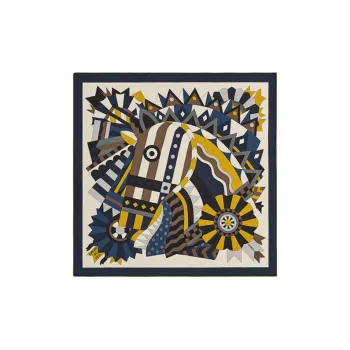 HERMES Celebration Steed Silk Scarves Women's Marine Blue/Natural