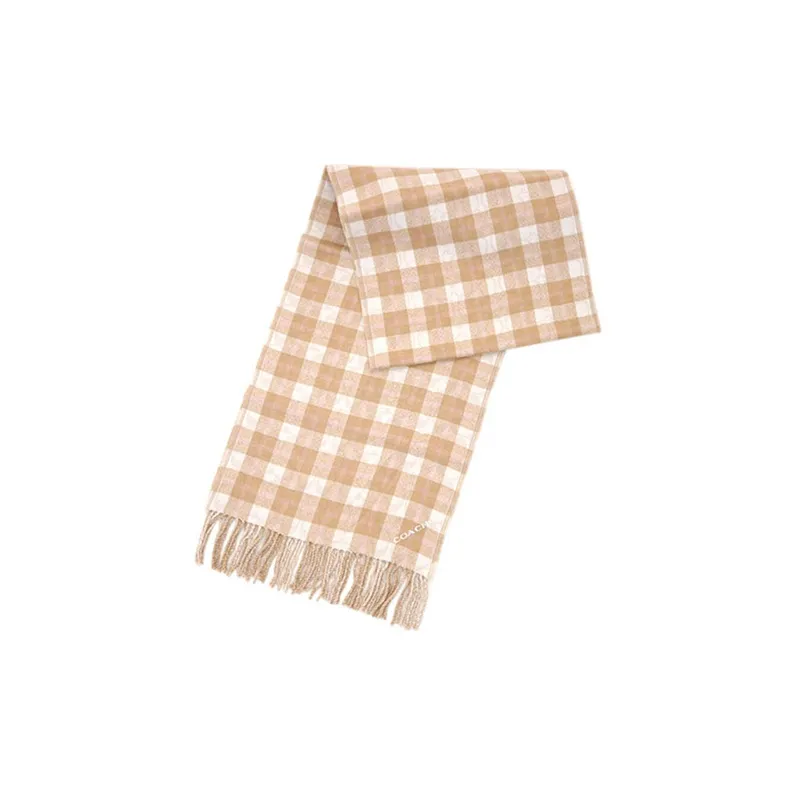 COACH Wool Knit Scarves Unisex Khaki Plaid-2