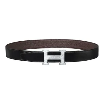 HERMES Calfskin Leather Belts Men's Black Width  3.2CM