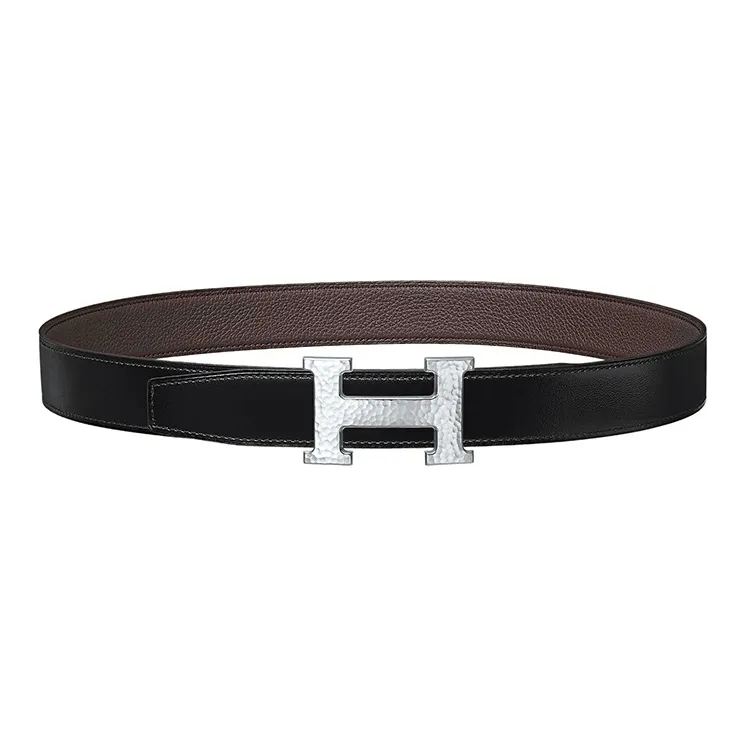 HERMES Calfskin Leather Belts Men's Black Width: 3.2CM-0
