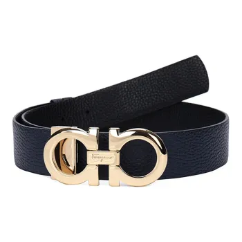 FERRAGAMO Cow Leather Leather Belts Women's Dark Blue Black Width  3.5cm