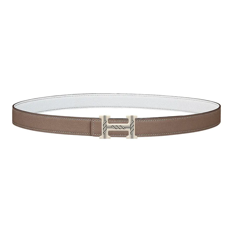HERMES H Email Quadrige Silver Buckle Epsom Calfskin Double-Sided Belt Belt Women's Elephant Gray/White Width: 2.4cm-0