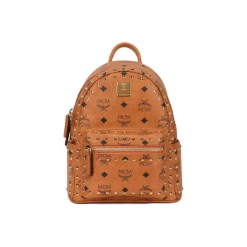 MCM Stark Visetos Artificial Leather Handheld Backpack Mini Unisex Brown Cognac