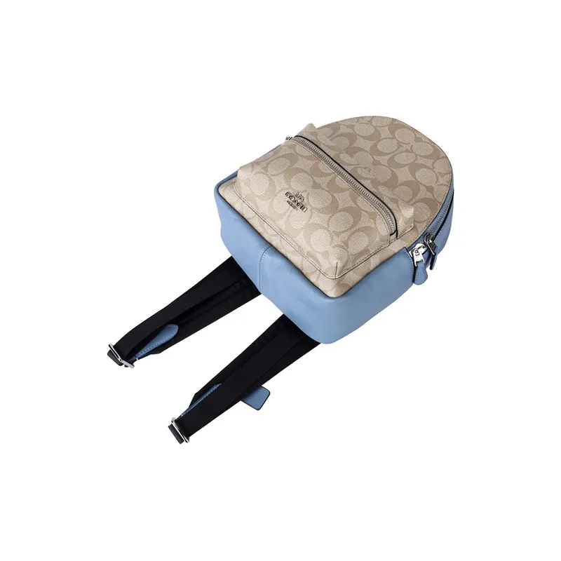 COACH Charlie Coated Canvas Backpack Mini Women's Light Khaki Monogram With Blue Accents-3