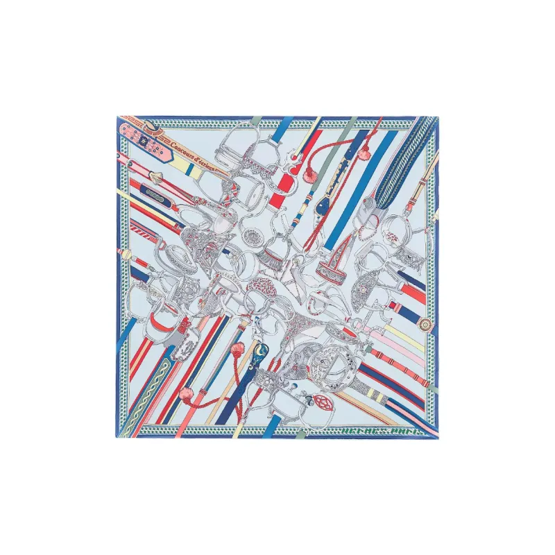 HERMES Stirrups Silk Scarves Women's Sky Blue/Coral Red/Multicolor-0
