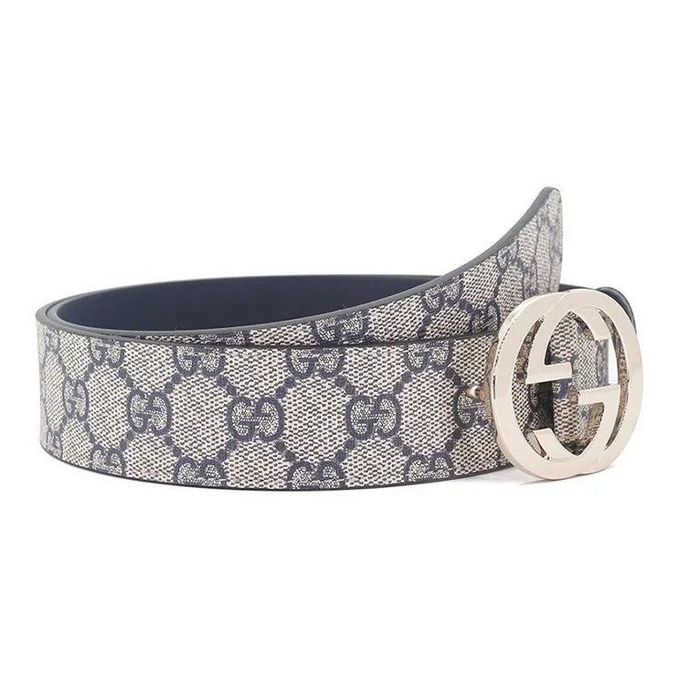 GUCCI Double G Interlocking Buckle Belt, Leather Upper Lining Leather Belts Unisex Beige Blue Width 3.5cm-1