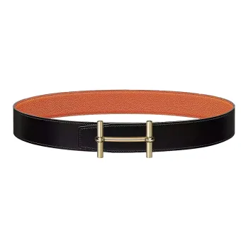 HERMES Calfskin Double Sided Leather Belts Men's Black Orange Width  3.8cm