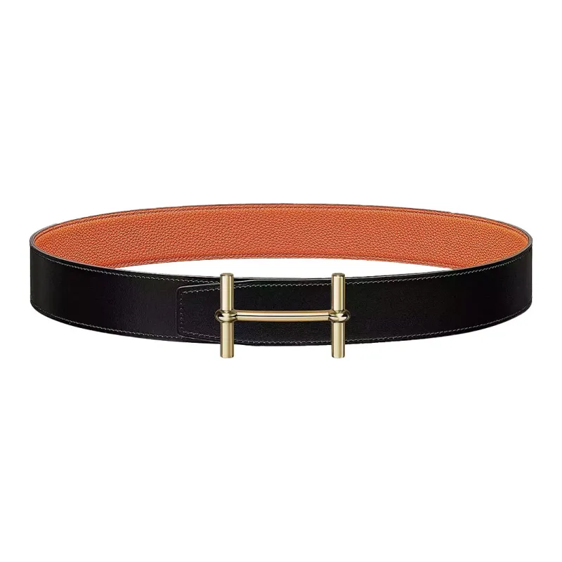 HERMES H D'Ancre Calfskin Double Sided Leather Belts Men's Black Orange Width 3.8cm-0