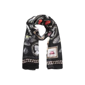 Alexander McQueen Silk Scarves Women's Black Beige Yellow Multicolor