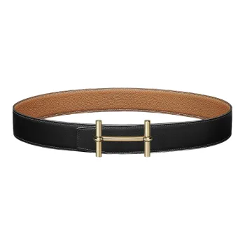 HERMES Calfskin Double Sided Belt Unisex Black/Gold Width 3.8cm