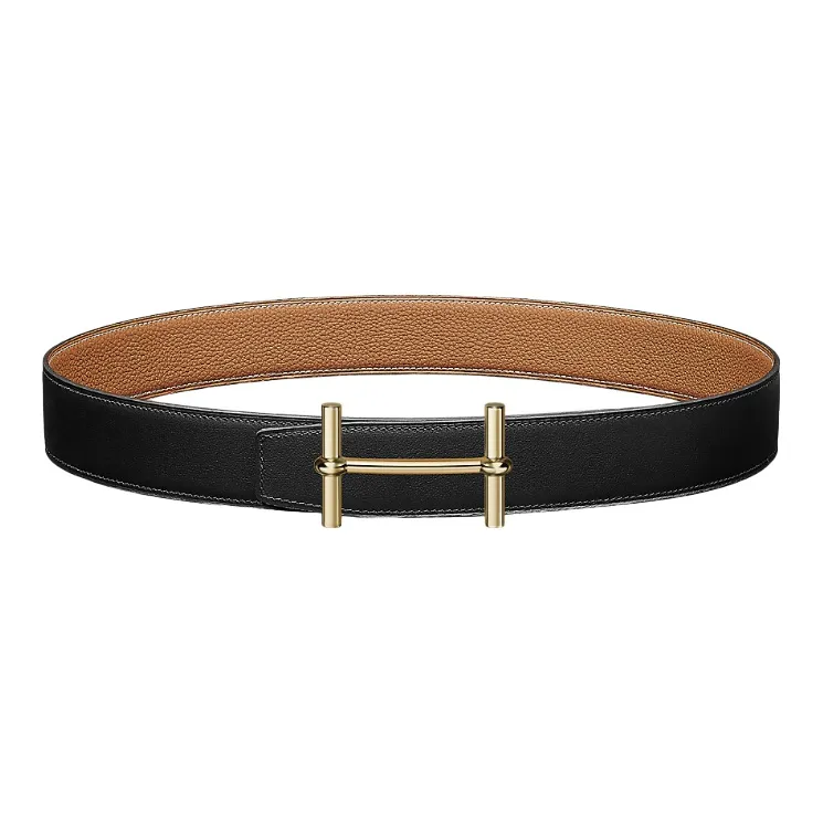 HERMES Calfskin Double Sided Belt Unisex Black/Gold Width 3.8cm-0