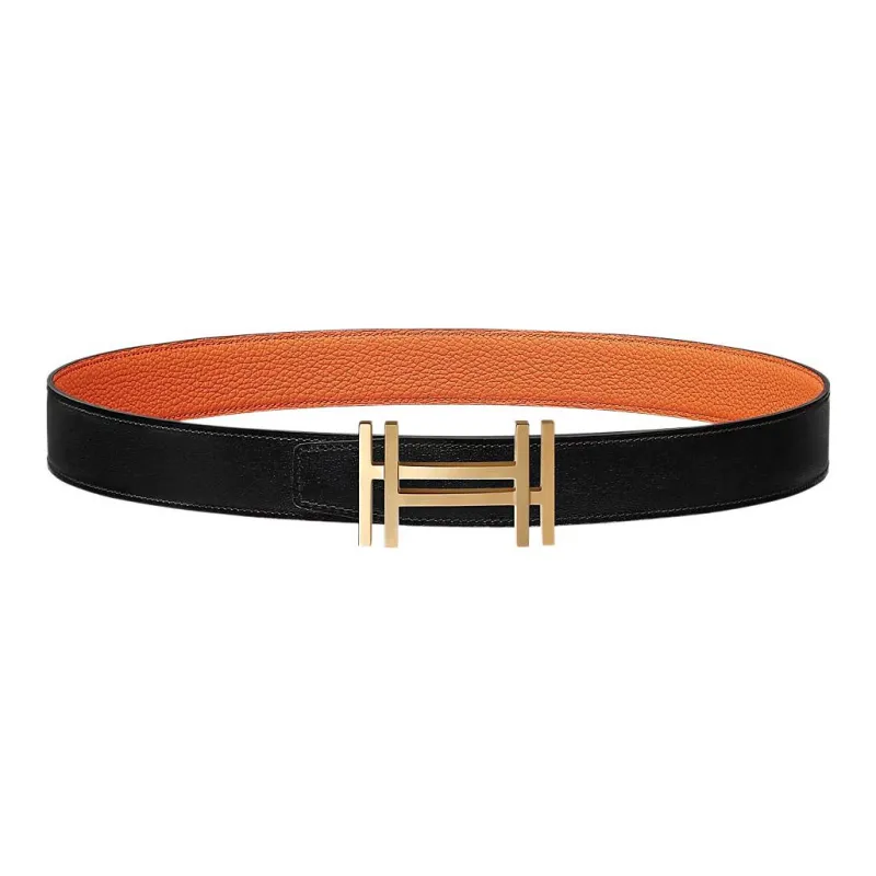 HERMES Block H Leather Belts Women's Black/Orange-0