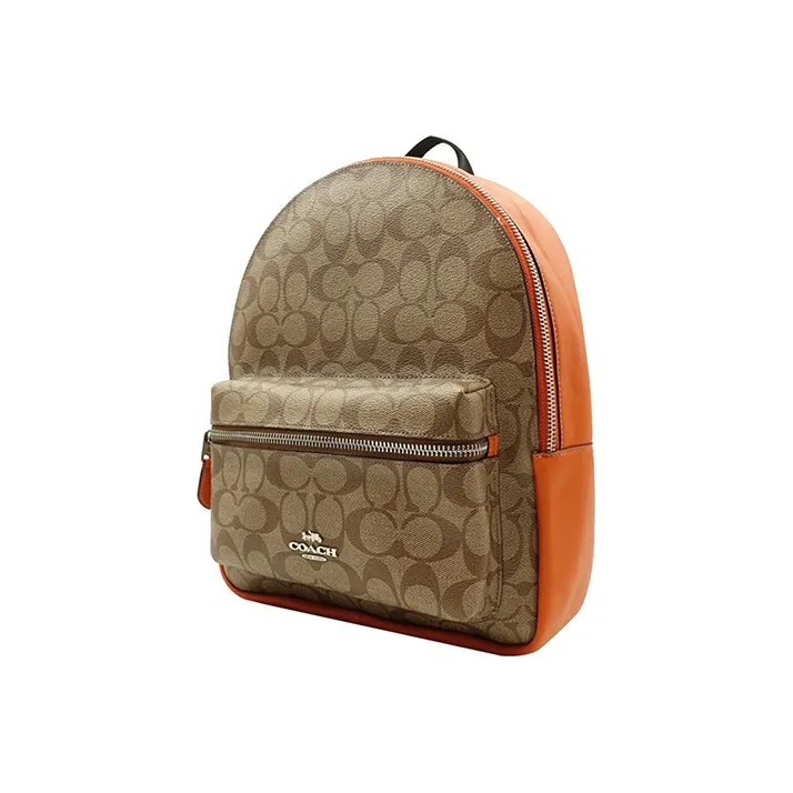 COACH Charlie Canvas With Leather Backpack Medium Size Women's Khaki Old Floral With Orange-2