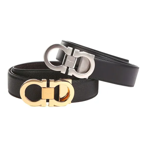 FERRAGAMO Gold And Silver Double Buckle, Smooth Buckle Cow Leather Belts Men's