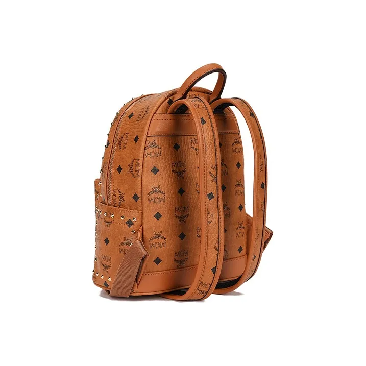 MCM Stark Visetos Artificial Leather Handheld Backpack Mini Unisex Brown Cognac-2